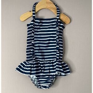Rachel Riley Navy Blue/White Stripe Breton Ruched Swimsuit Girls 2 Yrs
